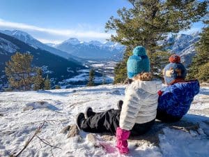 hiking tunnel mountain in Banff in winter with kids.