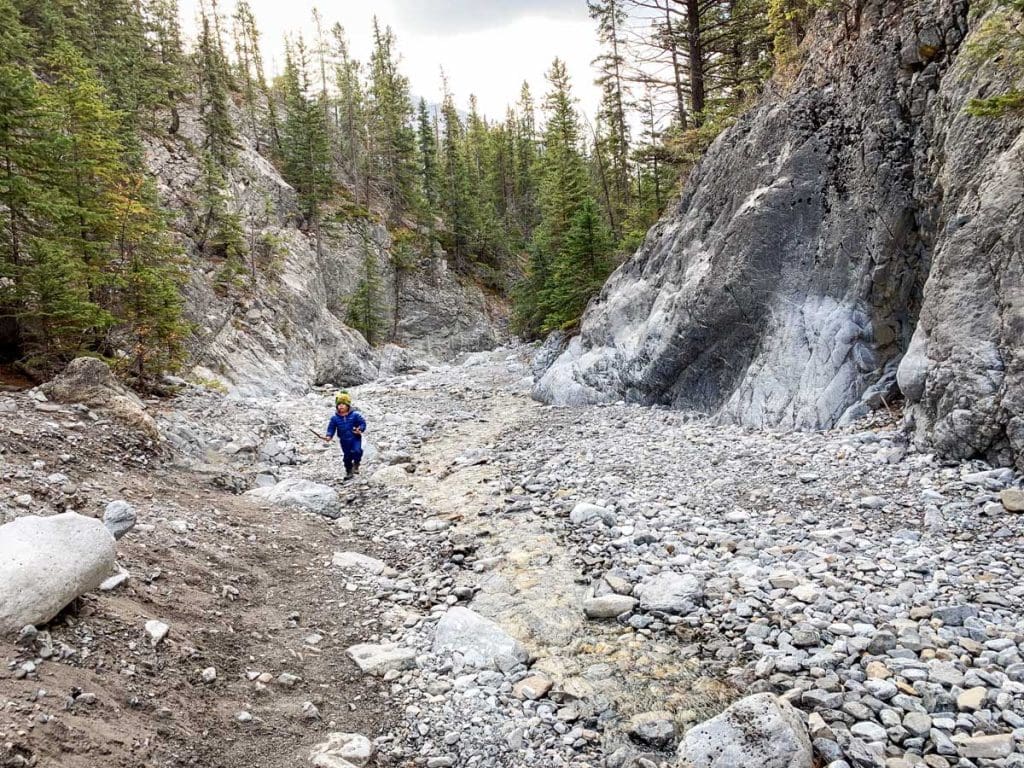 boy hiking Grotto Canyon near Canmore.