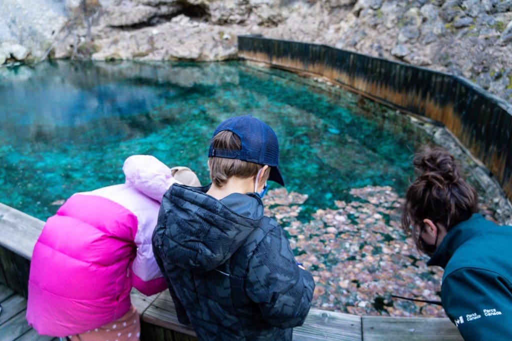 Two kids getting shown the Banff Springs Snail at the Cave and Basin in Banff.