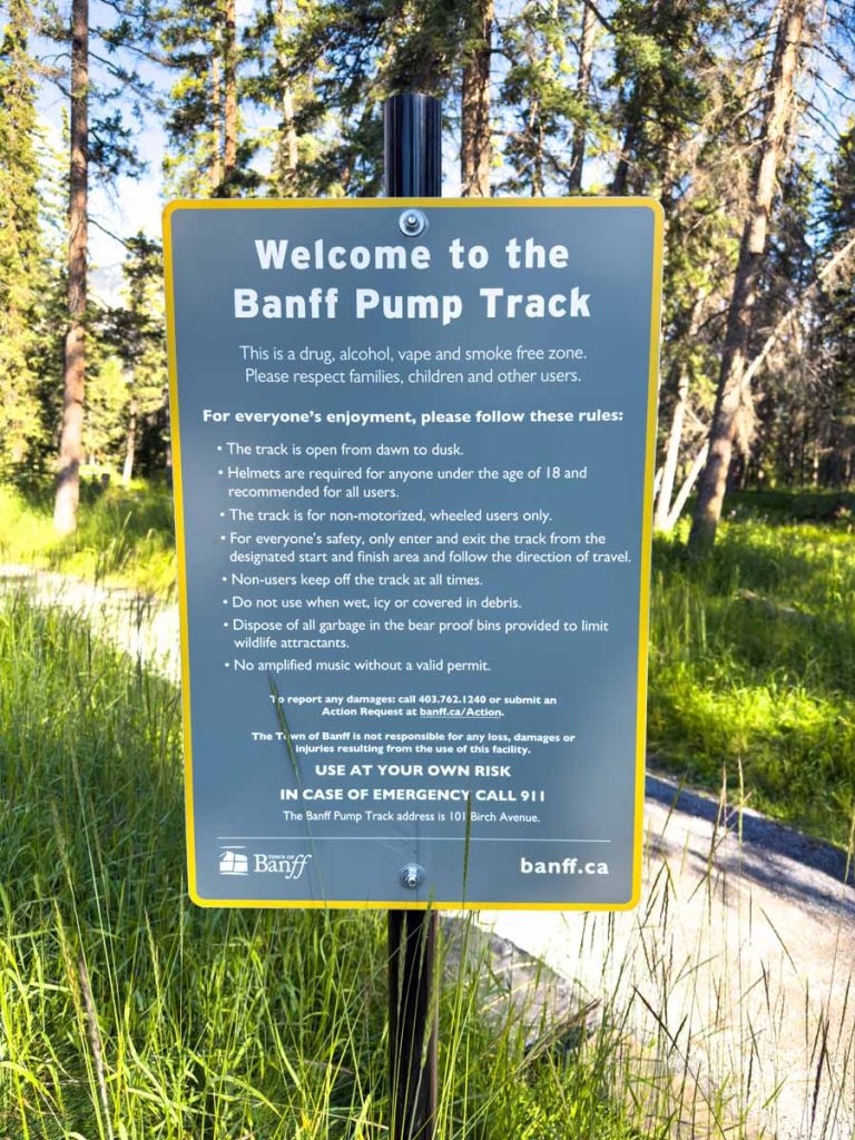 a sign with all the rules for the Banff Pump Track.