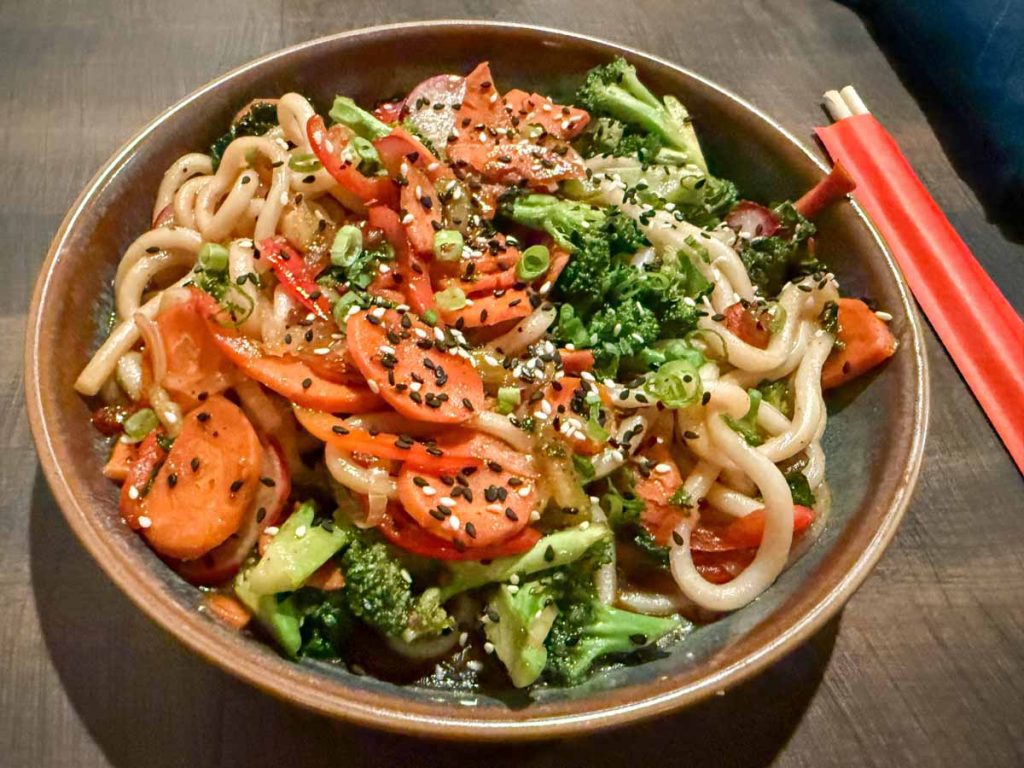 udon noodles at Evil Dave's Grill - a fancy, yet family-friendly restaurant in Jasper, Canada.